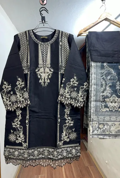 Pakistani Original Hayat’s Embroidered Stitched Cotton 3Pcs _ Black 